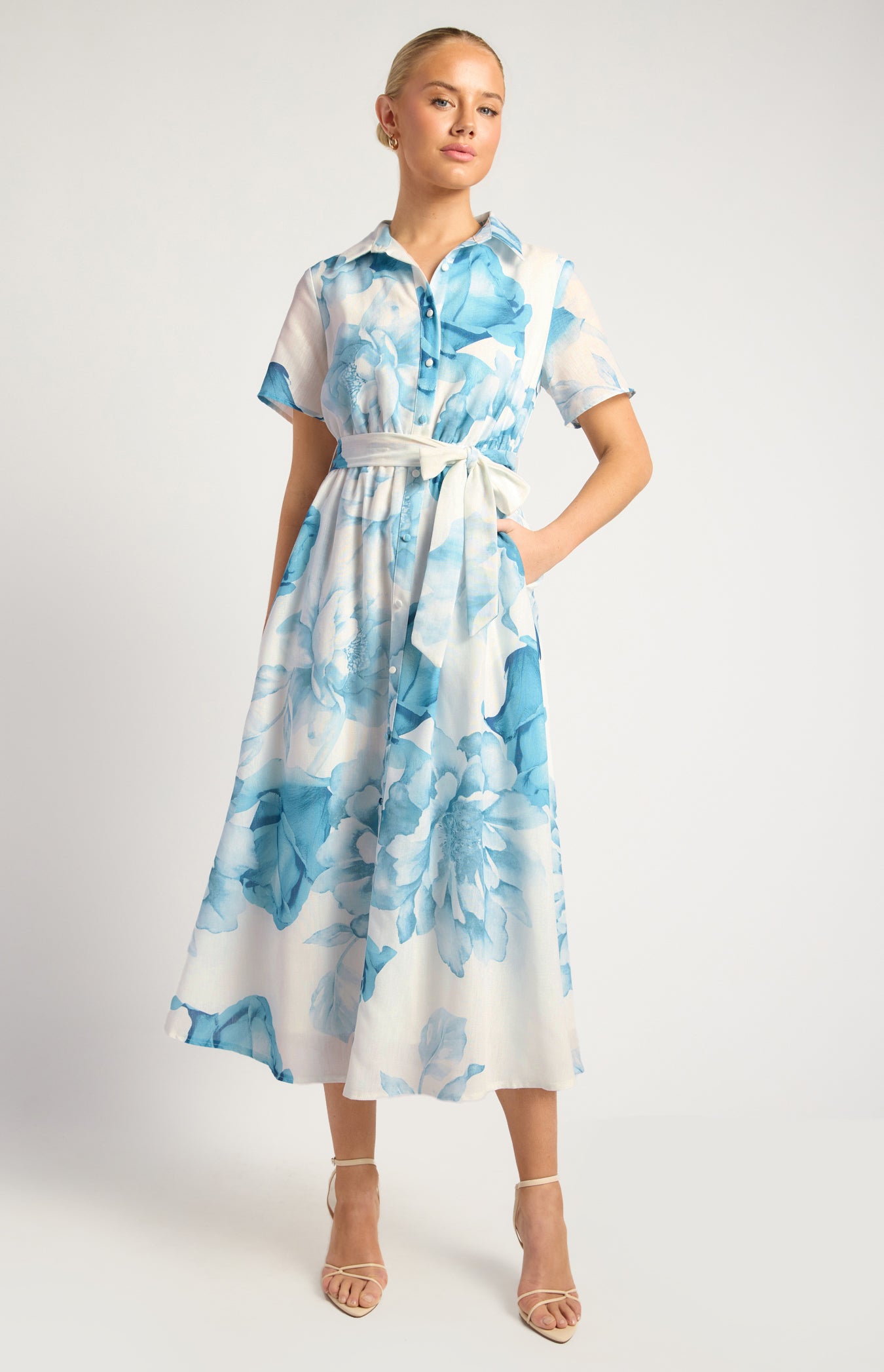 Lorrae Faux Linen Floral Midi Dress