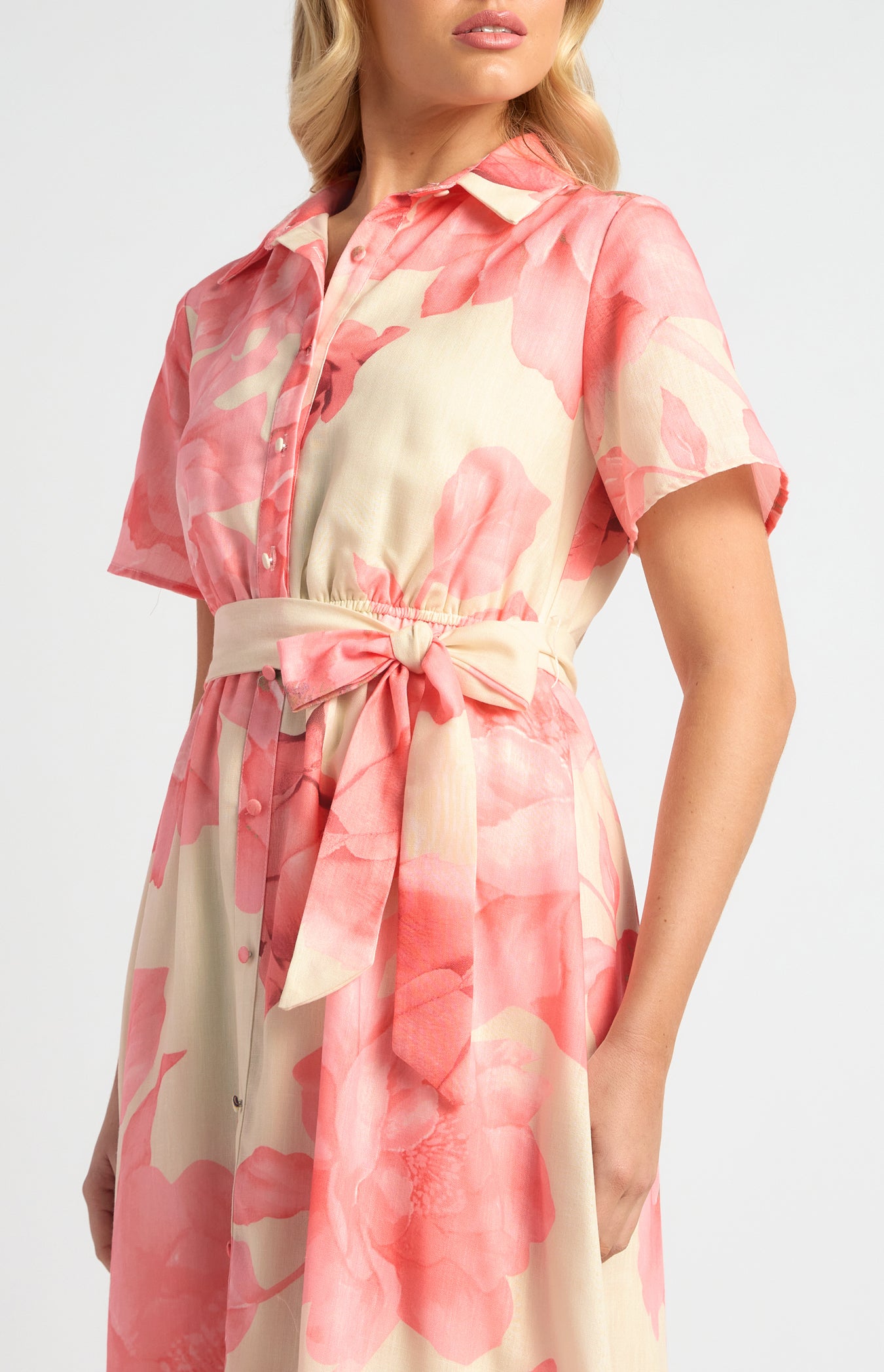 Lorrae Faux Linen Floral Midi Dress