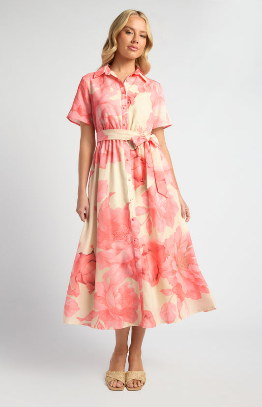 Lorrae Faux Linen Floral Midi Dress