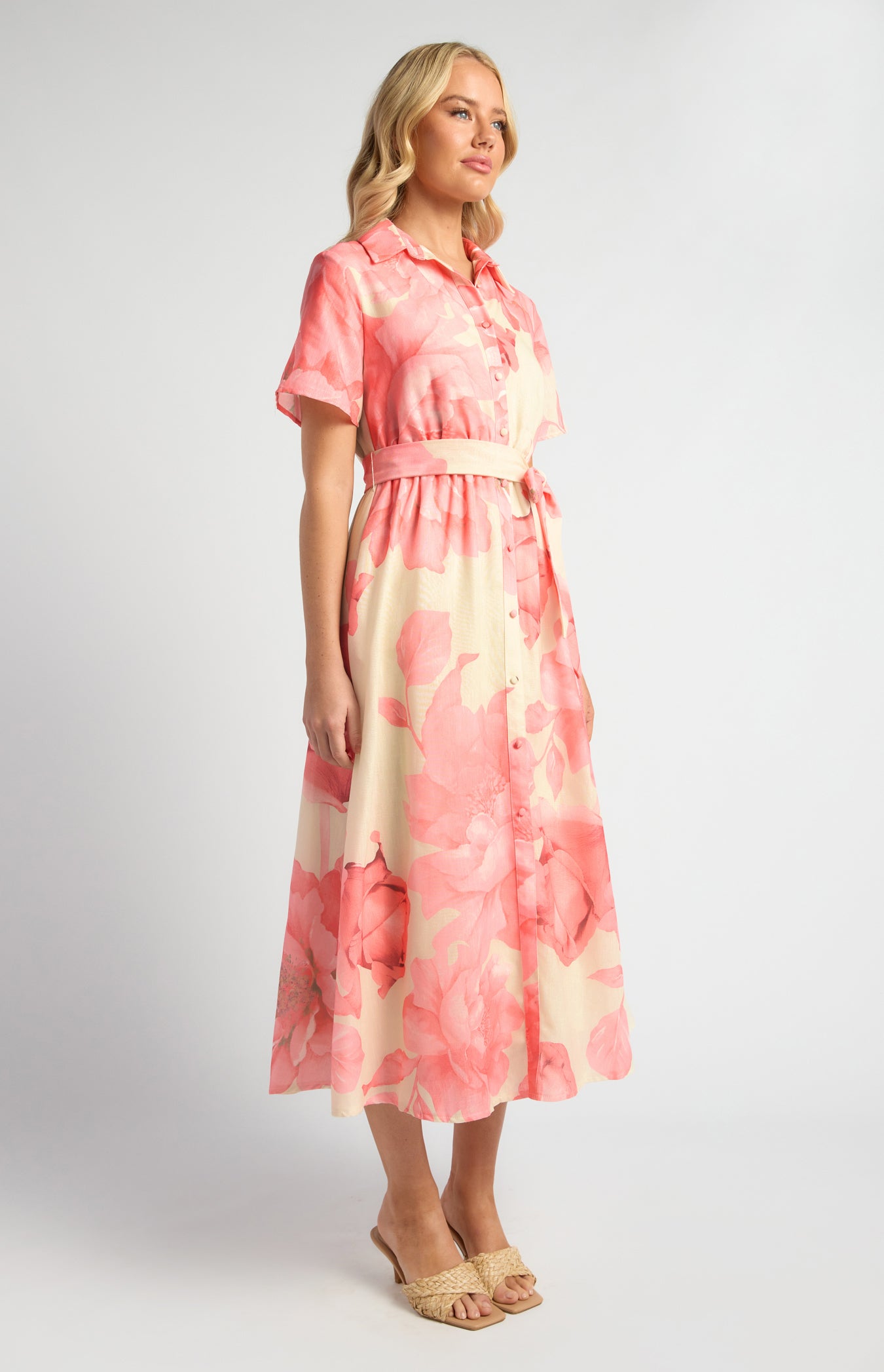 Lorrae Faux Linen Floral Midi Dress