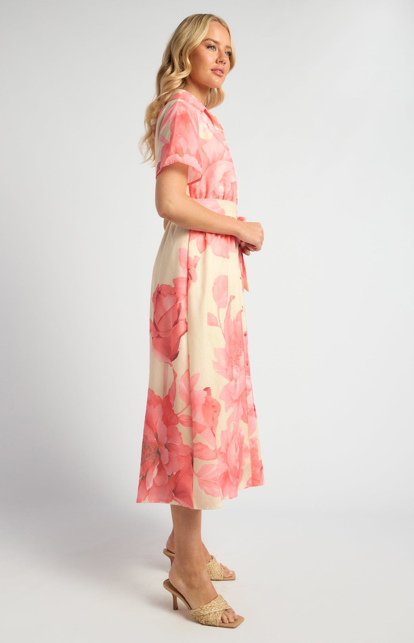 Lorrae Faux Linen Floral Midi Dress
