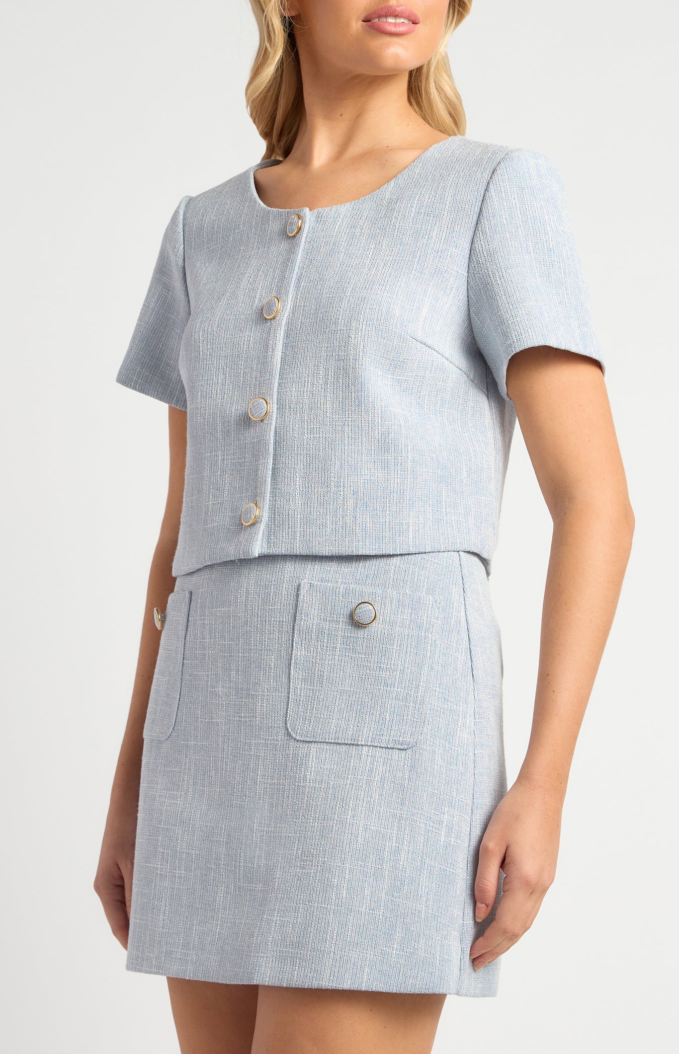 Lightweight Tweed Fabric Top And Skirt Set With Gold Accent Buttons
