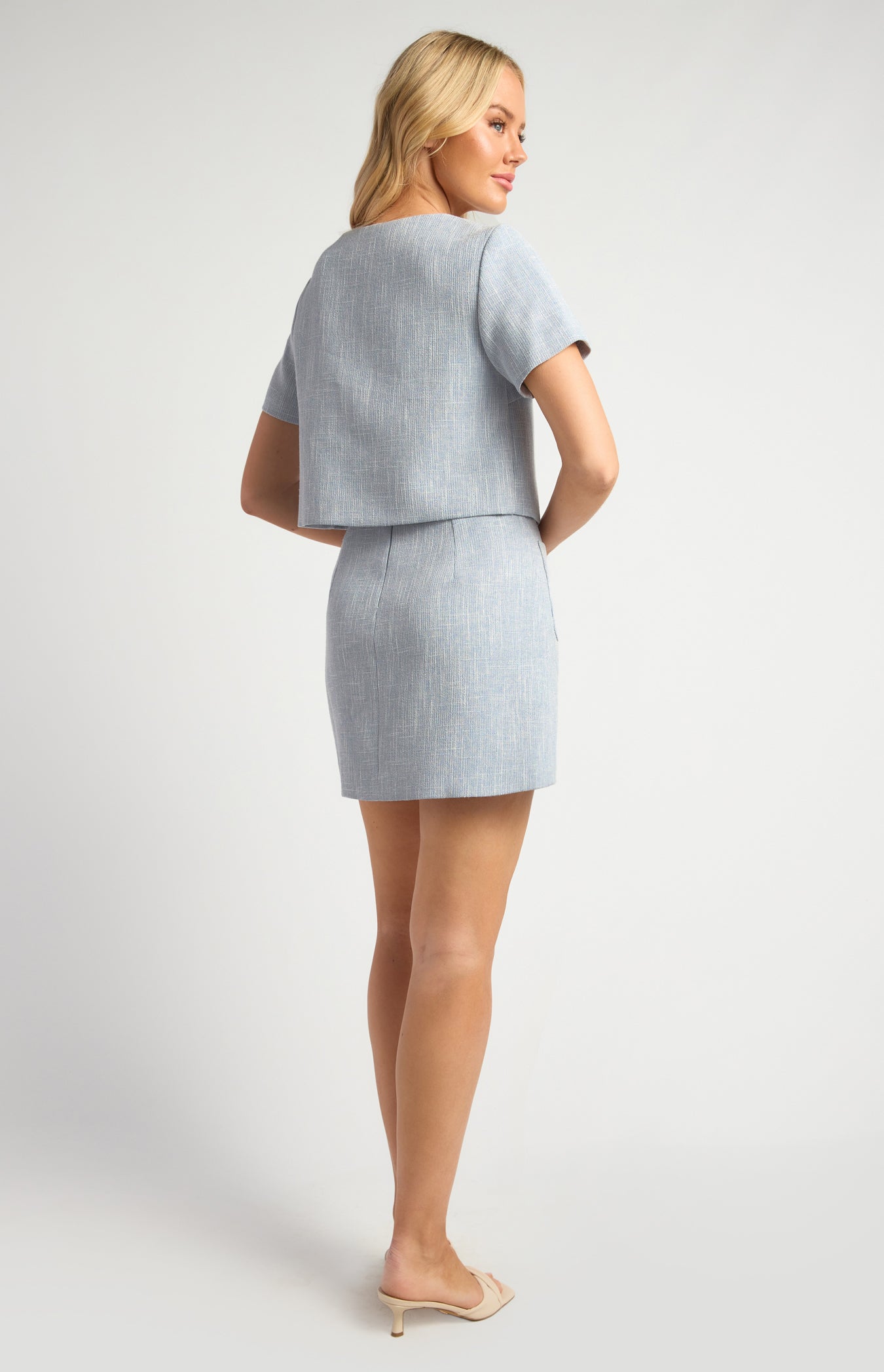 Lightweight Tweed Fabric Top And Skirt Set With Gold Accent Buttons