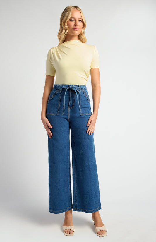 Jasmine High Waisted Patch Pocket Denim Jeans With Tie Belt