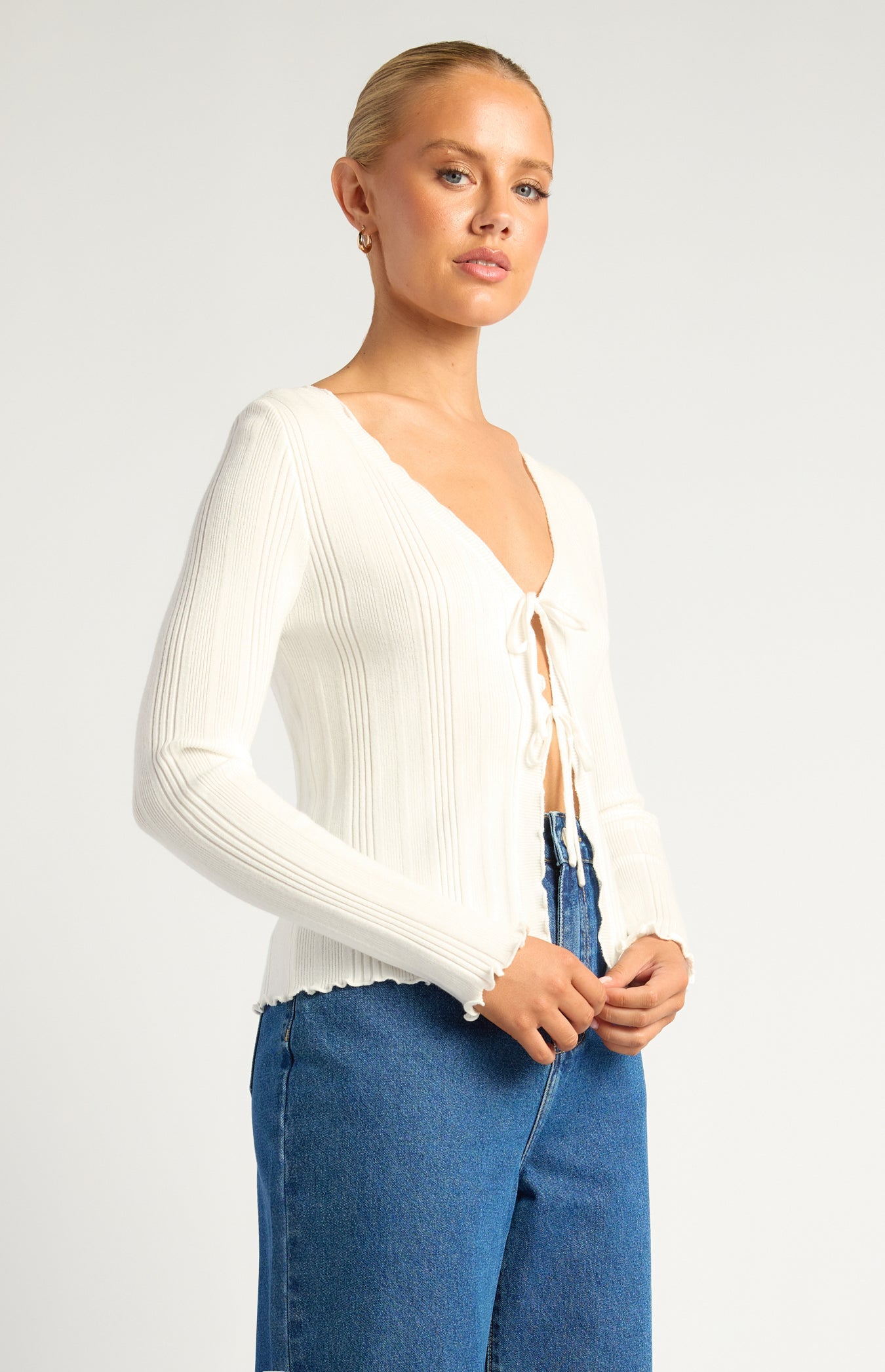 Mardi Double Front Tie Lettuce Edge Detail Knit Top