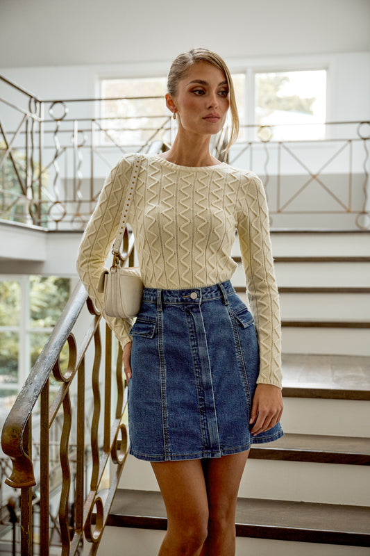 Carmina Flap Pocket Detail Stretch Denim Mini Skirt