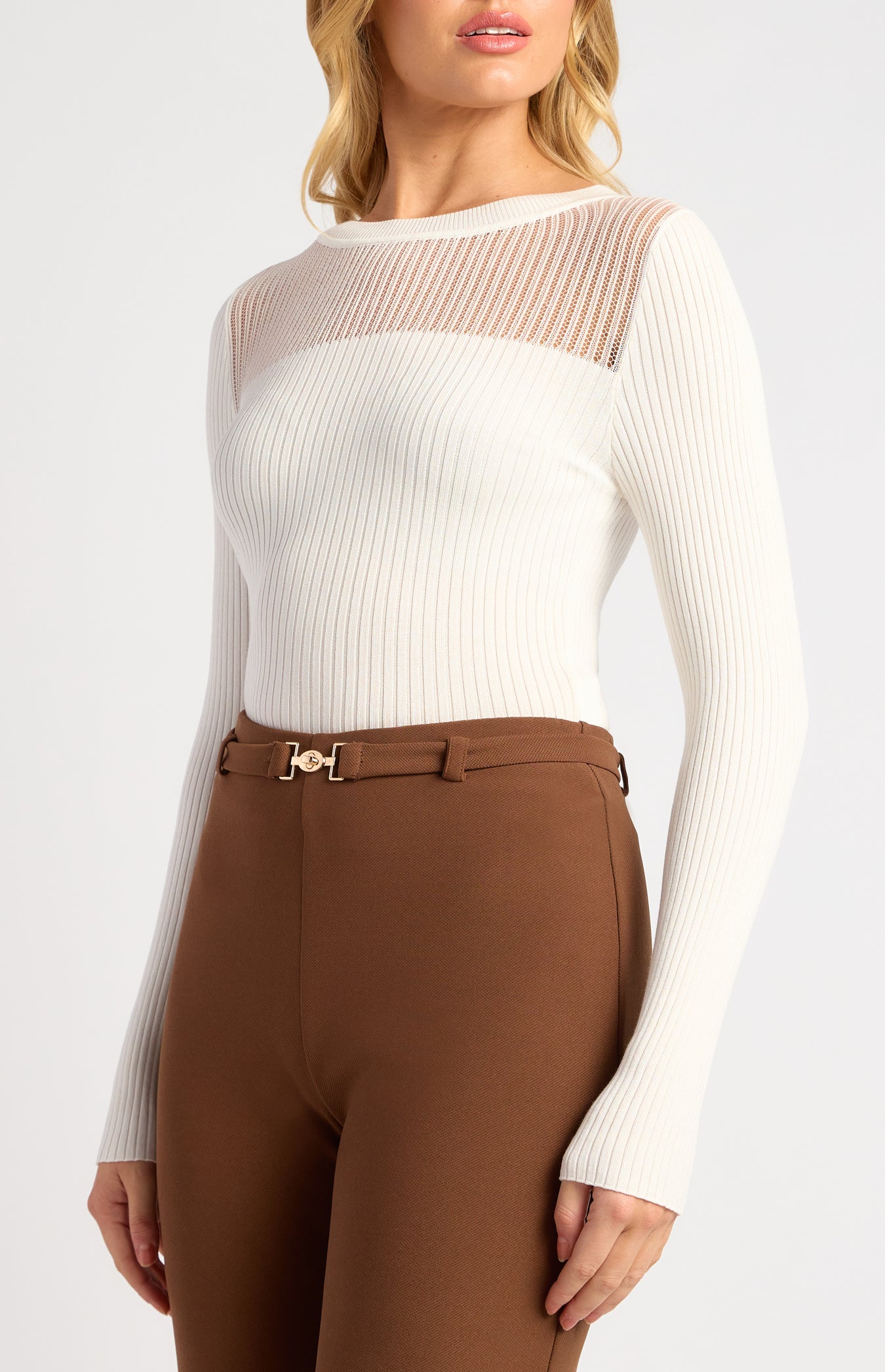 Chanel Sheer Textured Neckline Long Sleeve Knit Top