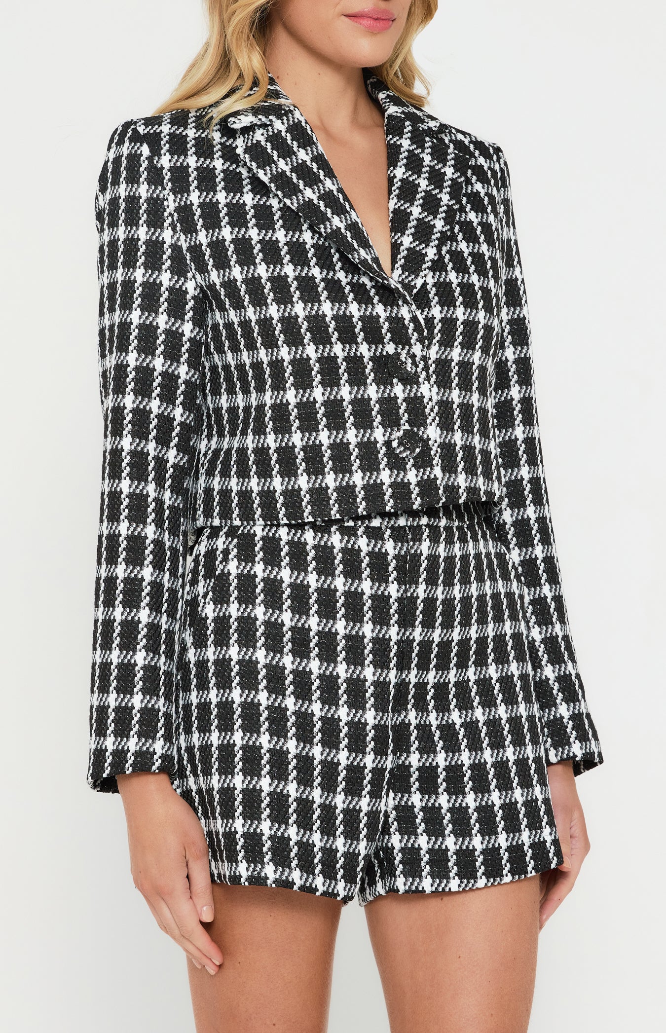 Winnie Tinsel Checkered Cropped Blazer & Shorts Set