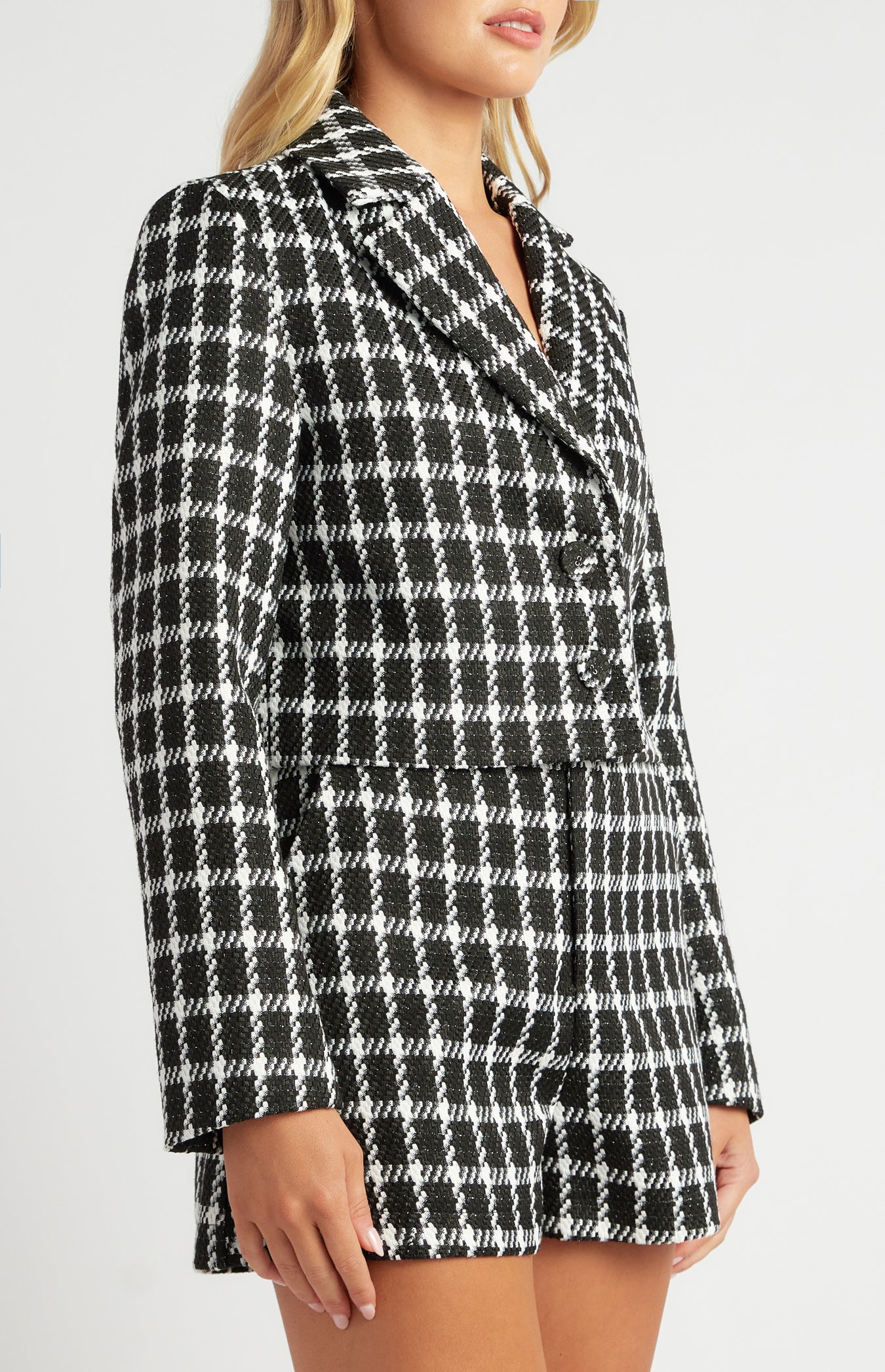 Winnie Tinsel Checkered Cropped Blazer & Shorts Set