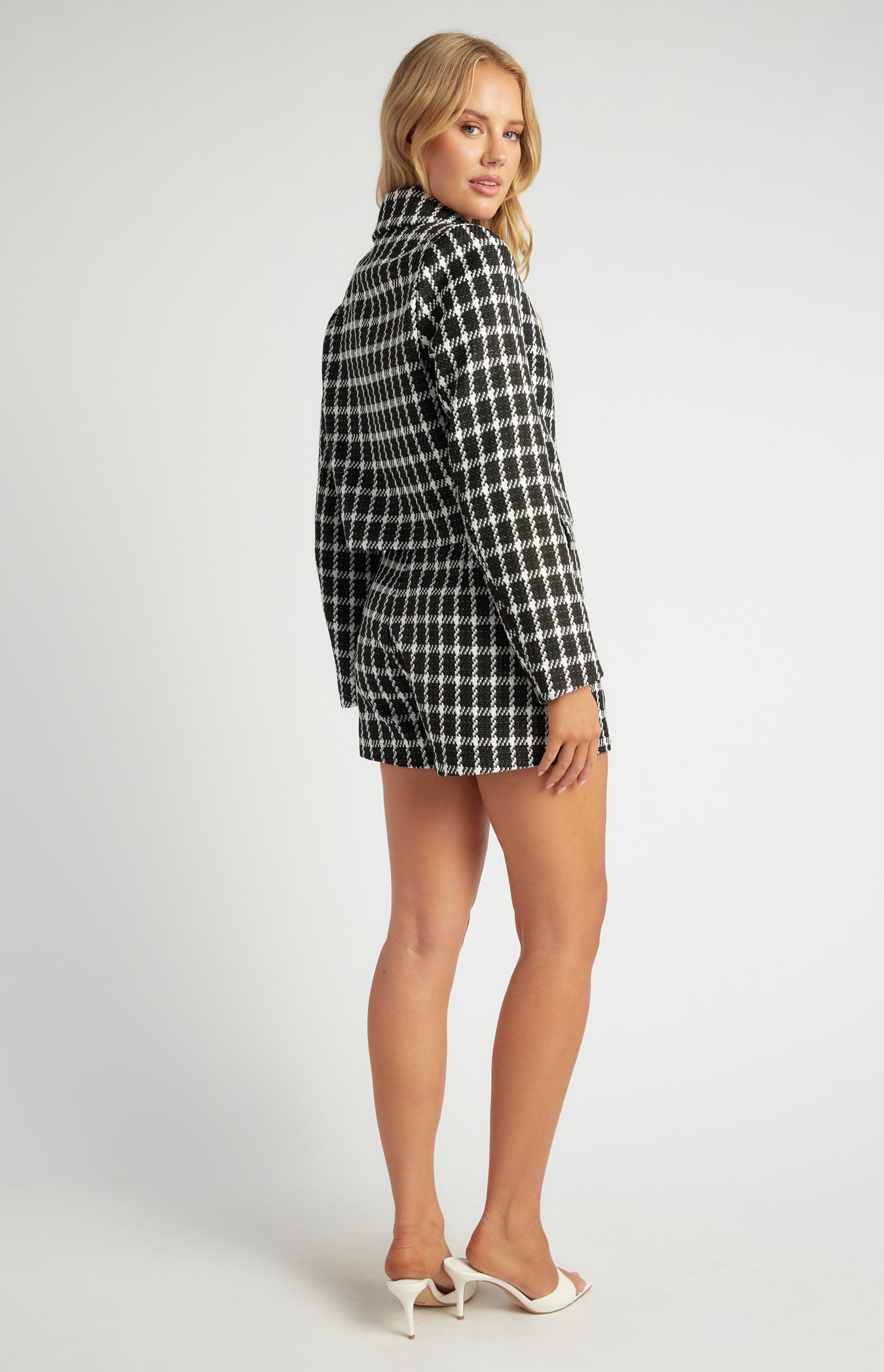 Winnie Tinsel Checkered Cropped Blazer & Shorts Set