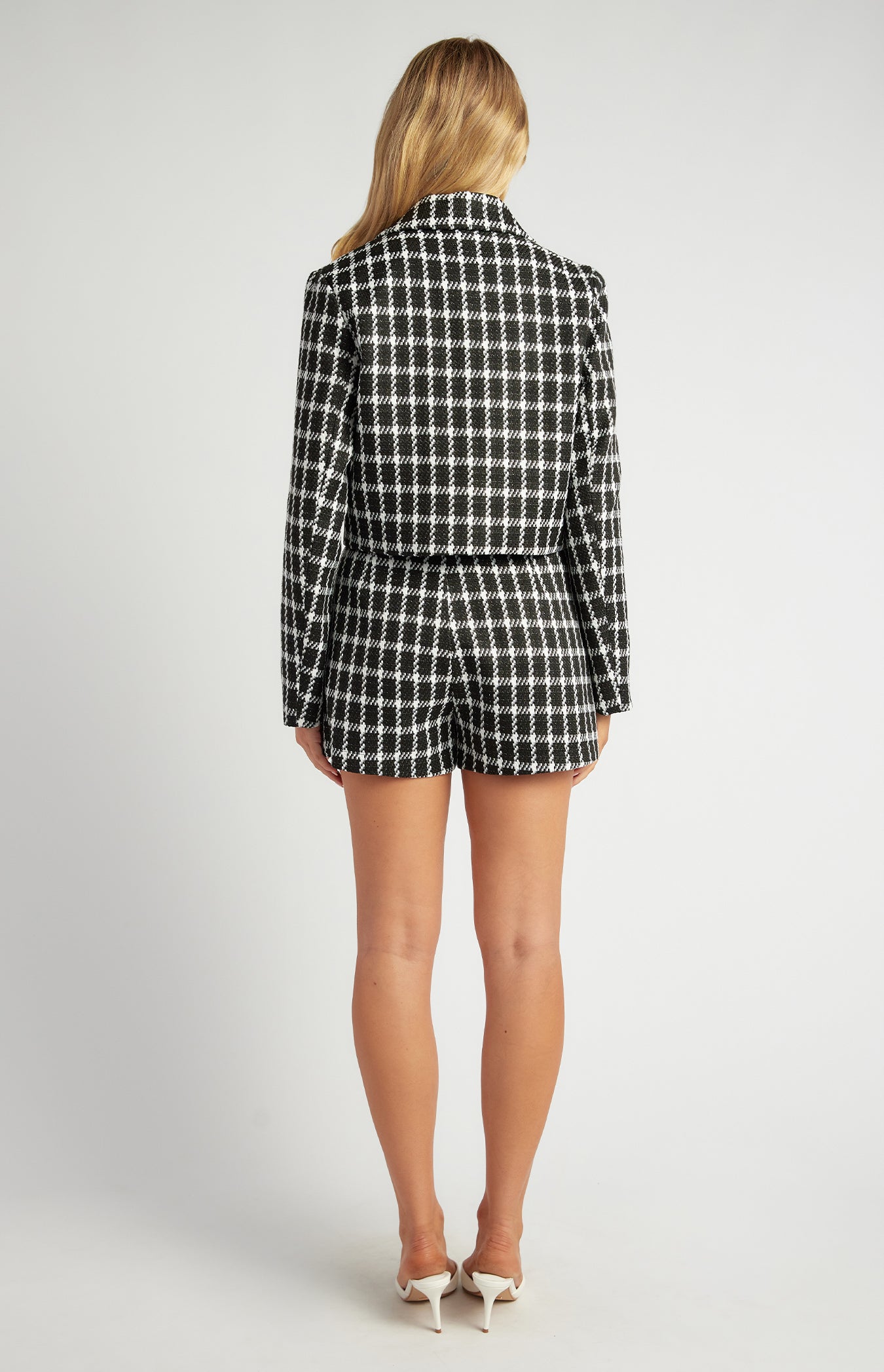 Winnie Tinsel Checkered Cropped Blazer & Shorts Set
