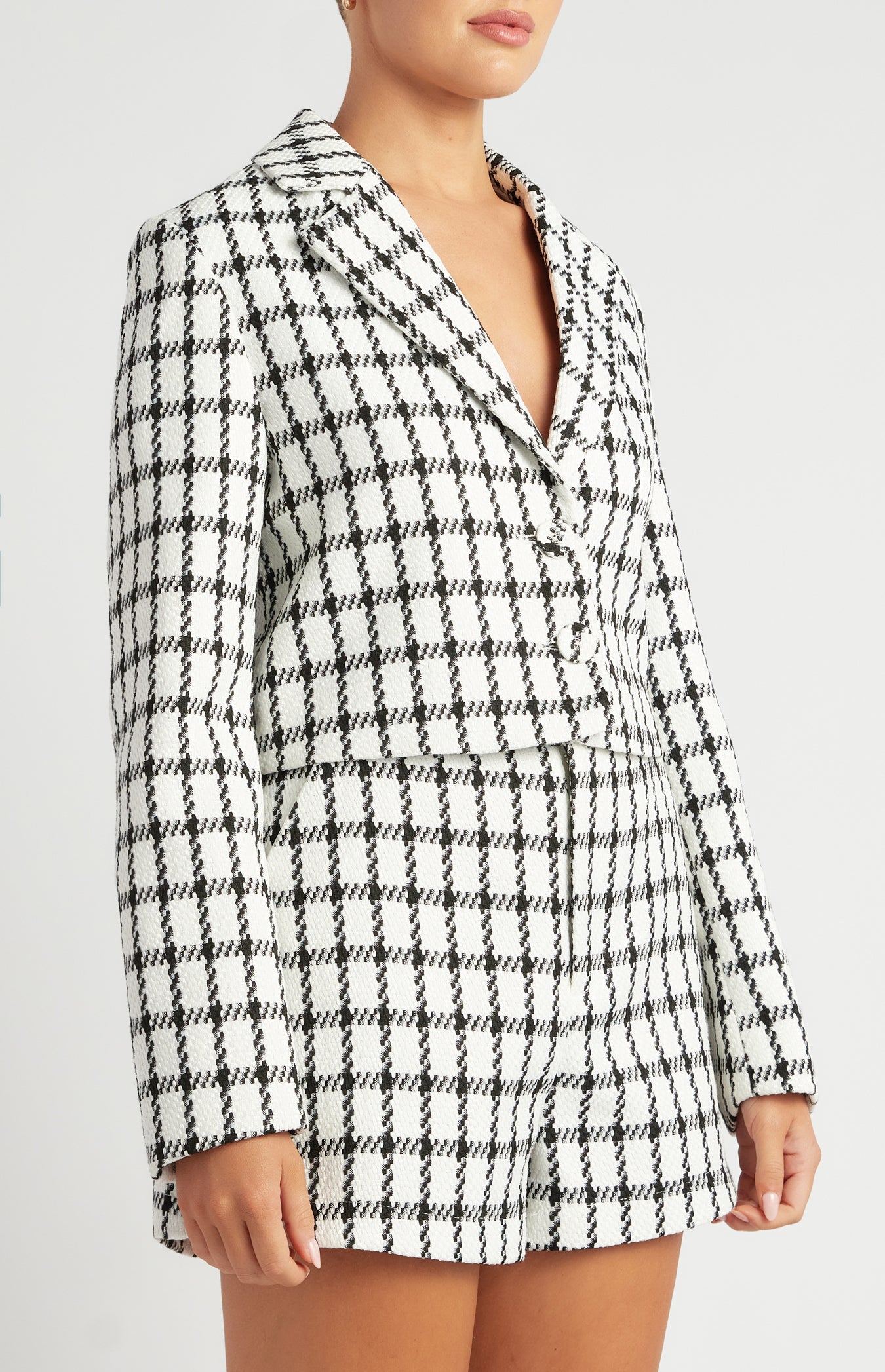 Winnie Tinsel Checkered Cropped Blazer & Shorts Set