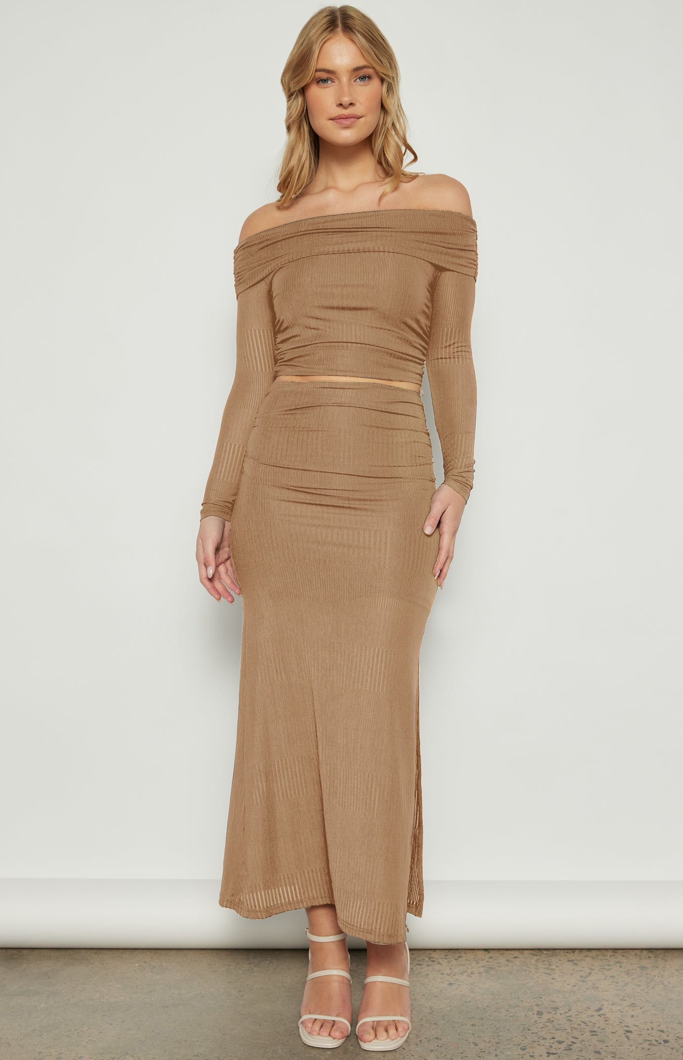 Camille Textured Mesh Set with Off Shoulder Top and Skirt
