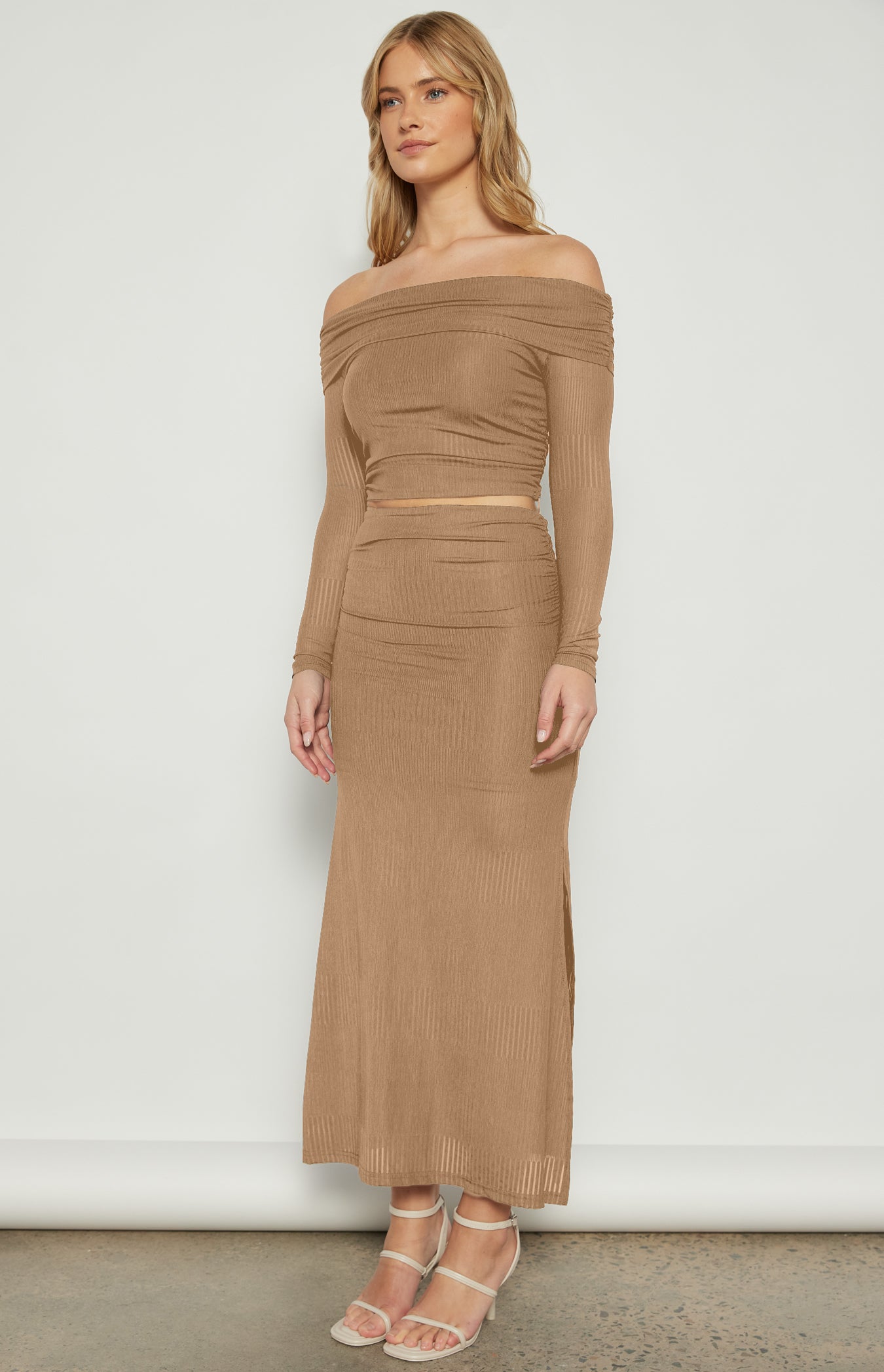 Camille Textured Mesh Set with Off Shoulder Top and Skirt