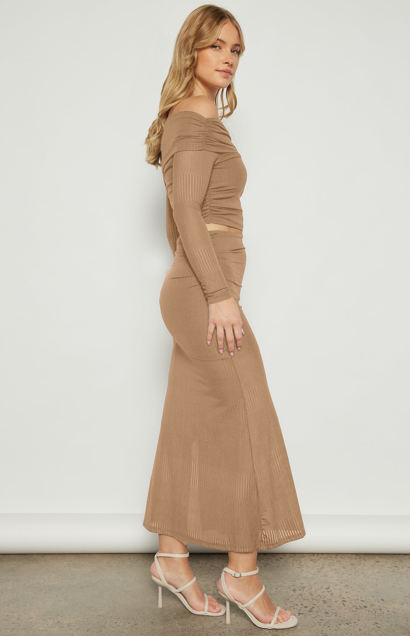 Camille Textured Mesh Set with Off Shoulder Top and Skirt
