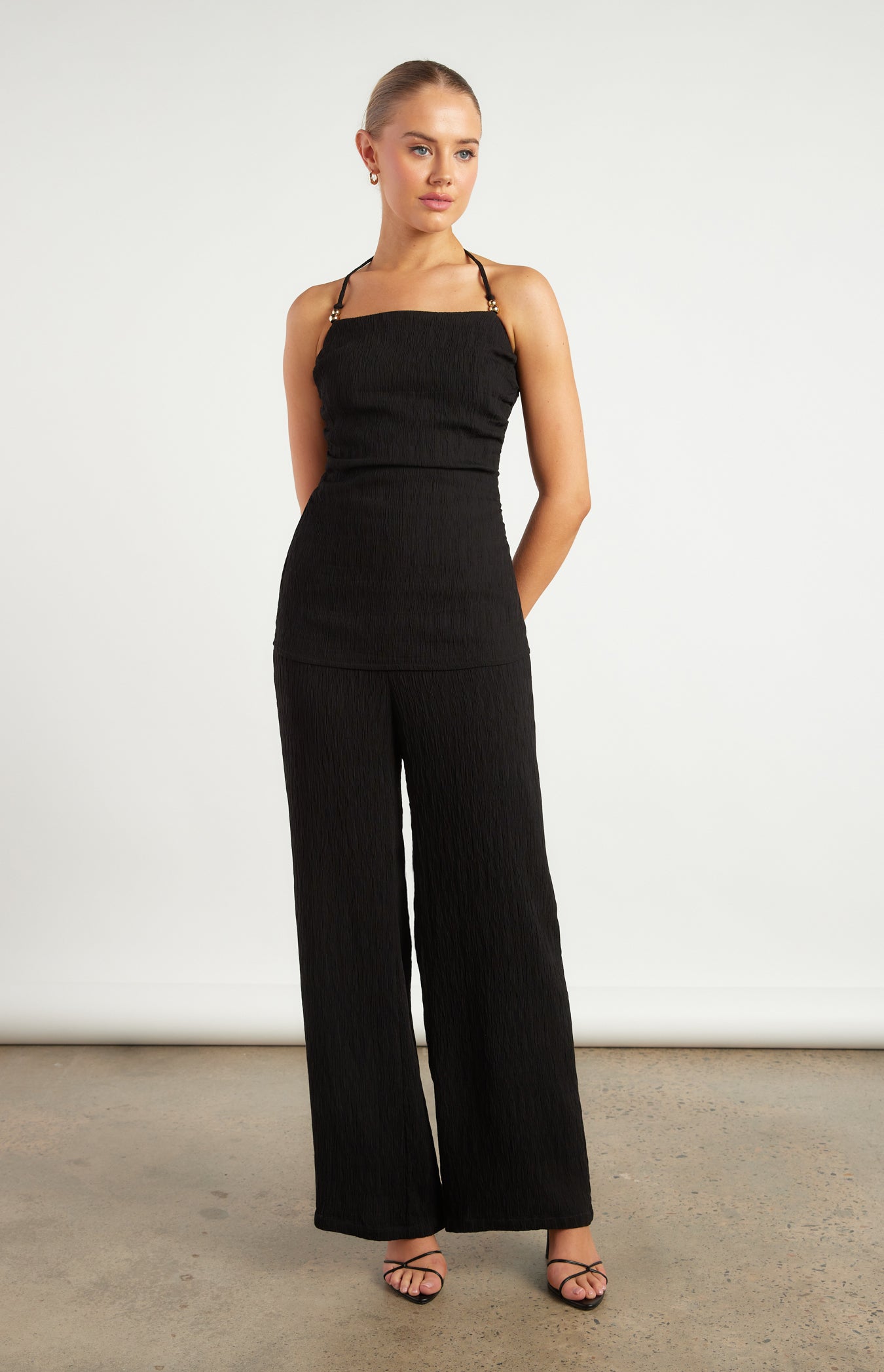 Anne Gold Beaded Detail Textured Set with Halter Top & Pants