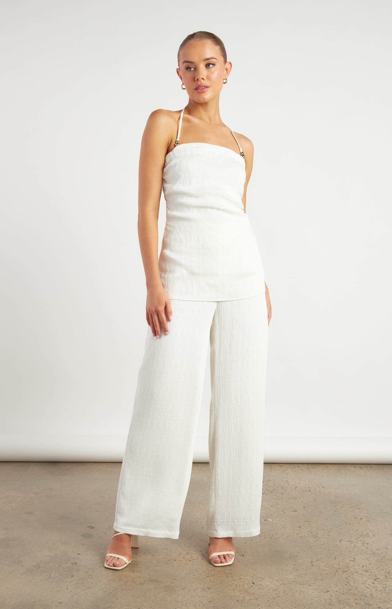 Anne Gold Beaded Detail Textured Set with Halter Top & Pants