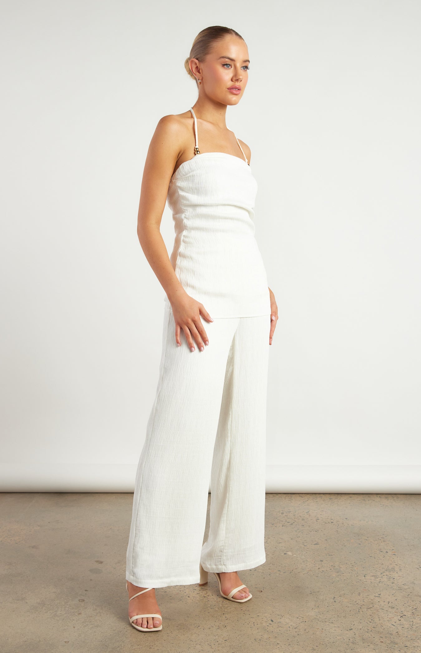 Anne Gold Beaded Detail Textured Set with Halter Top & Pants