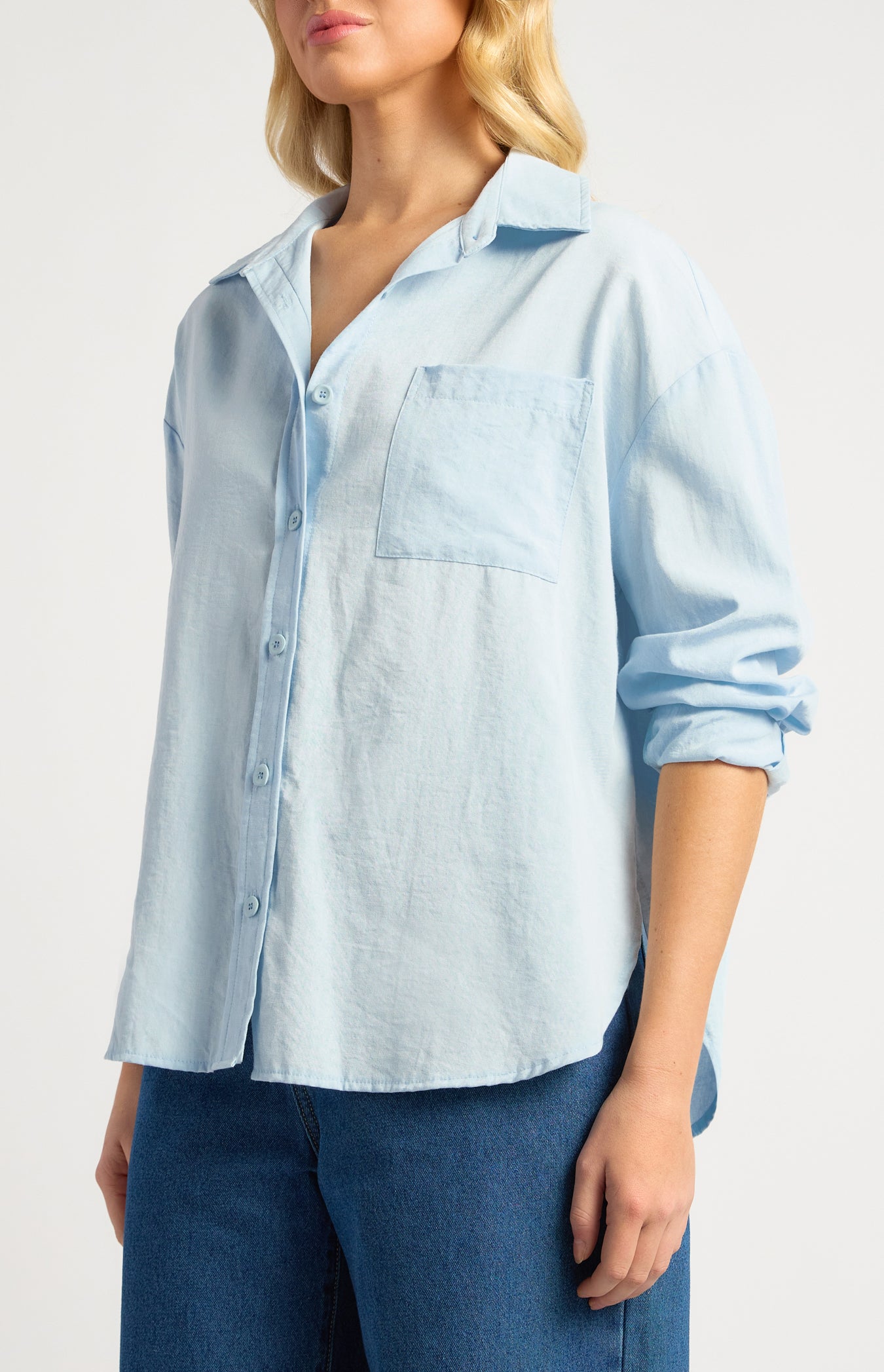 Chloe Cotton Blend Oversized Button Up Shirt With Pocket Detail
