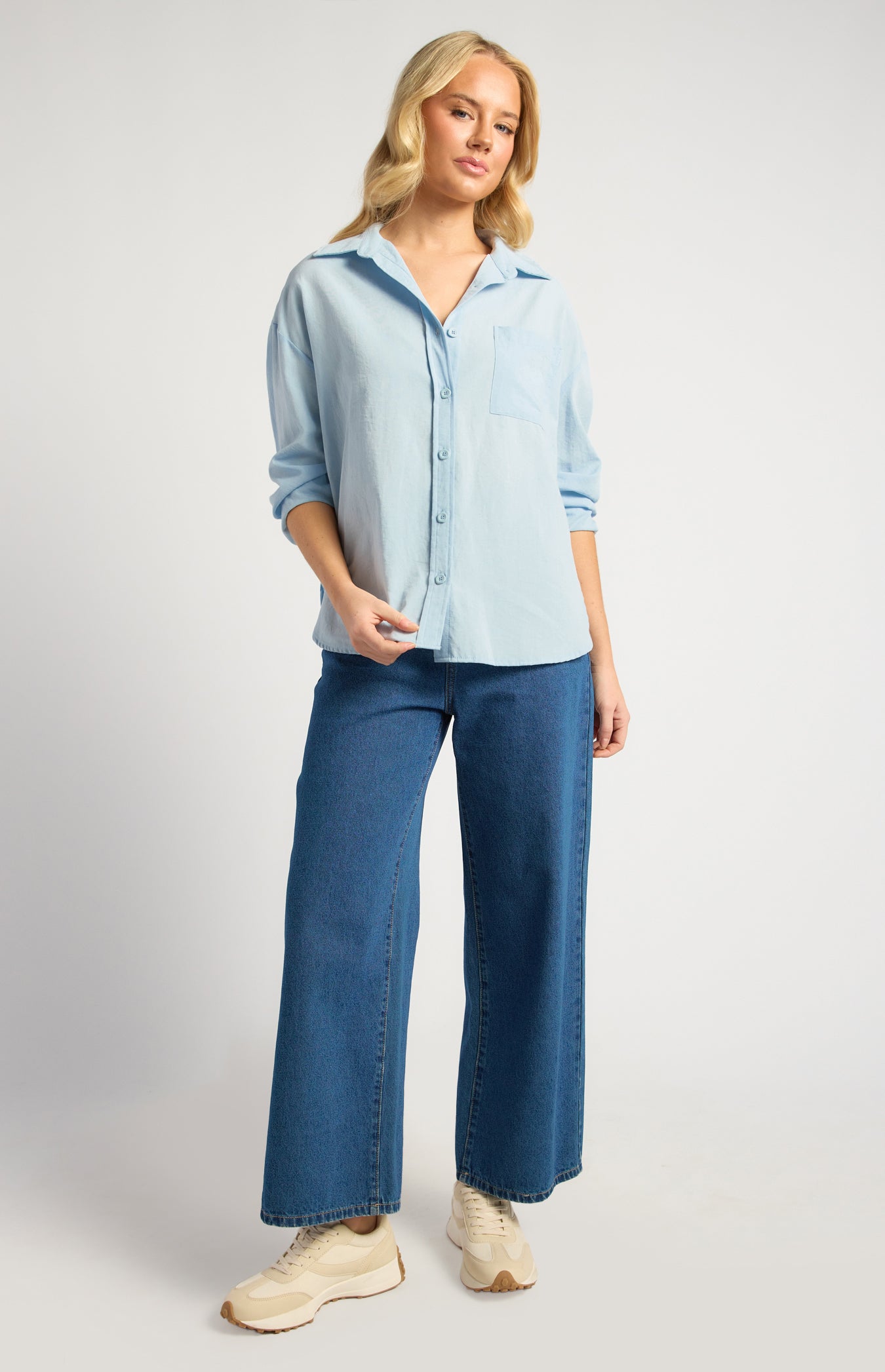 Chloe Cotton Blend Oversized Button Up Shirt With Pocket Detail