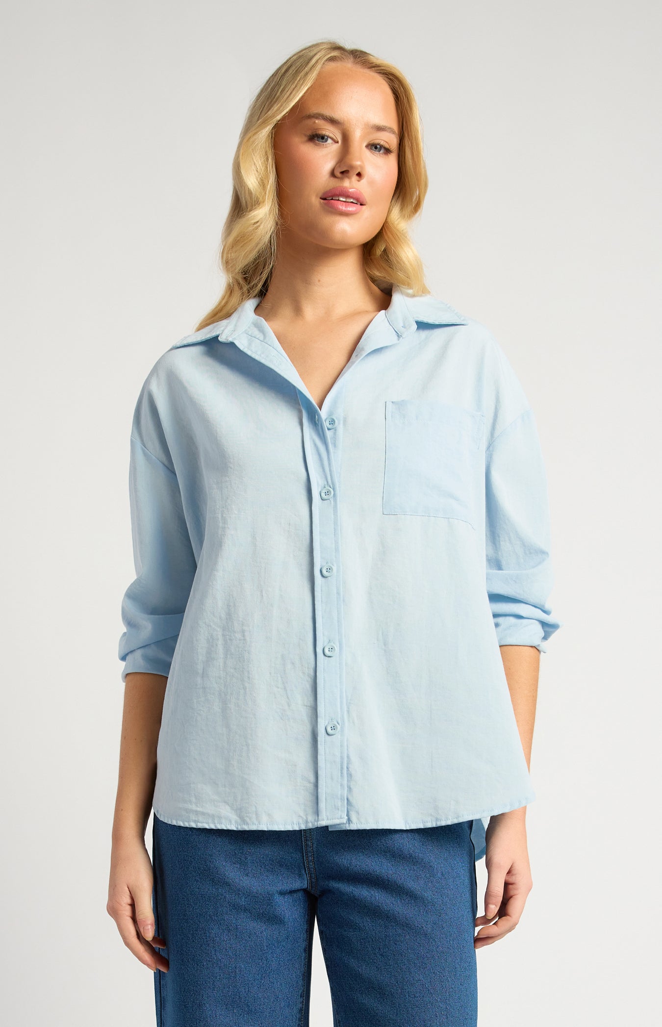 Chloe Cotton Blend Oversized Button Up Shirt With Pocket Detail