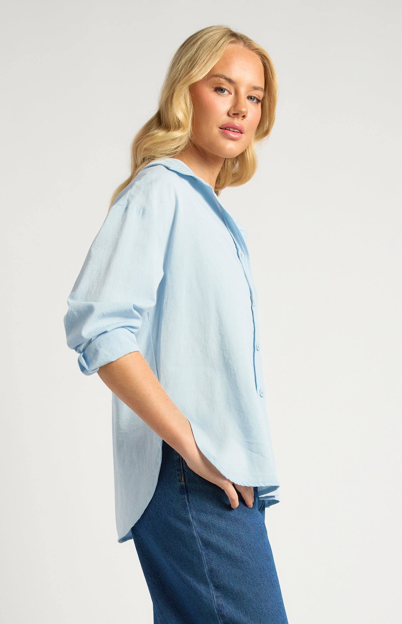 Chloe Cotton Blend Oversized Button Up Shirt With Pocket Detail