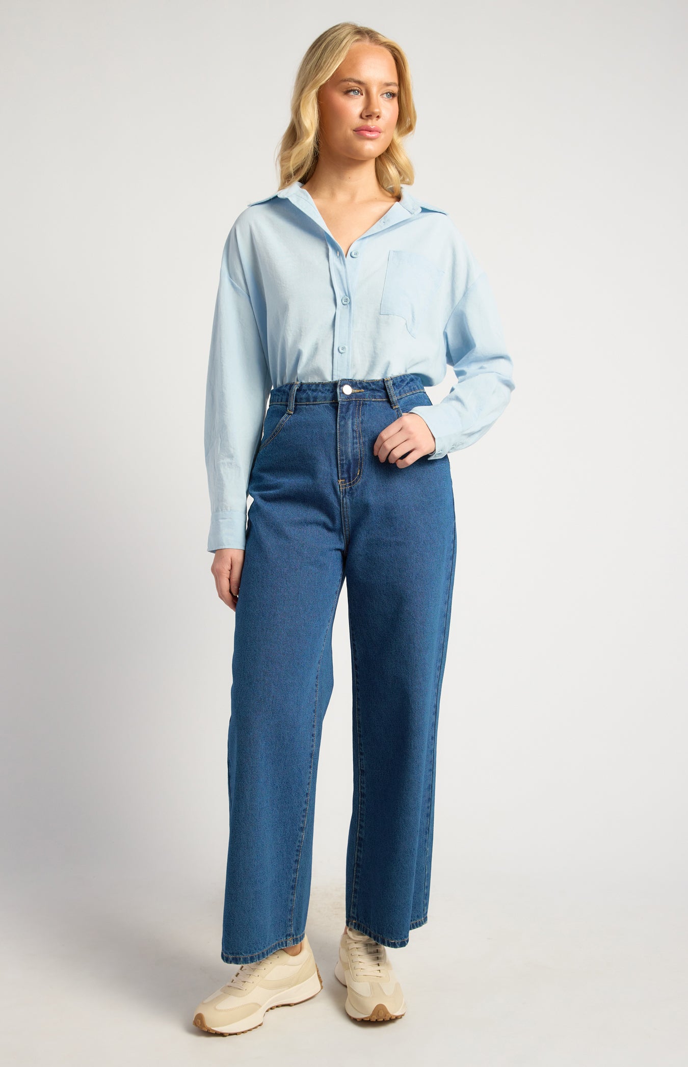 Chloe Cotton Blend Oversized Button Up Shirt With Pocket Detail