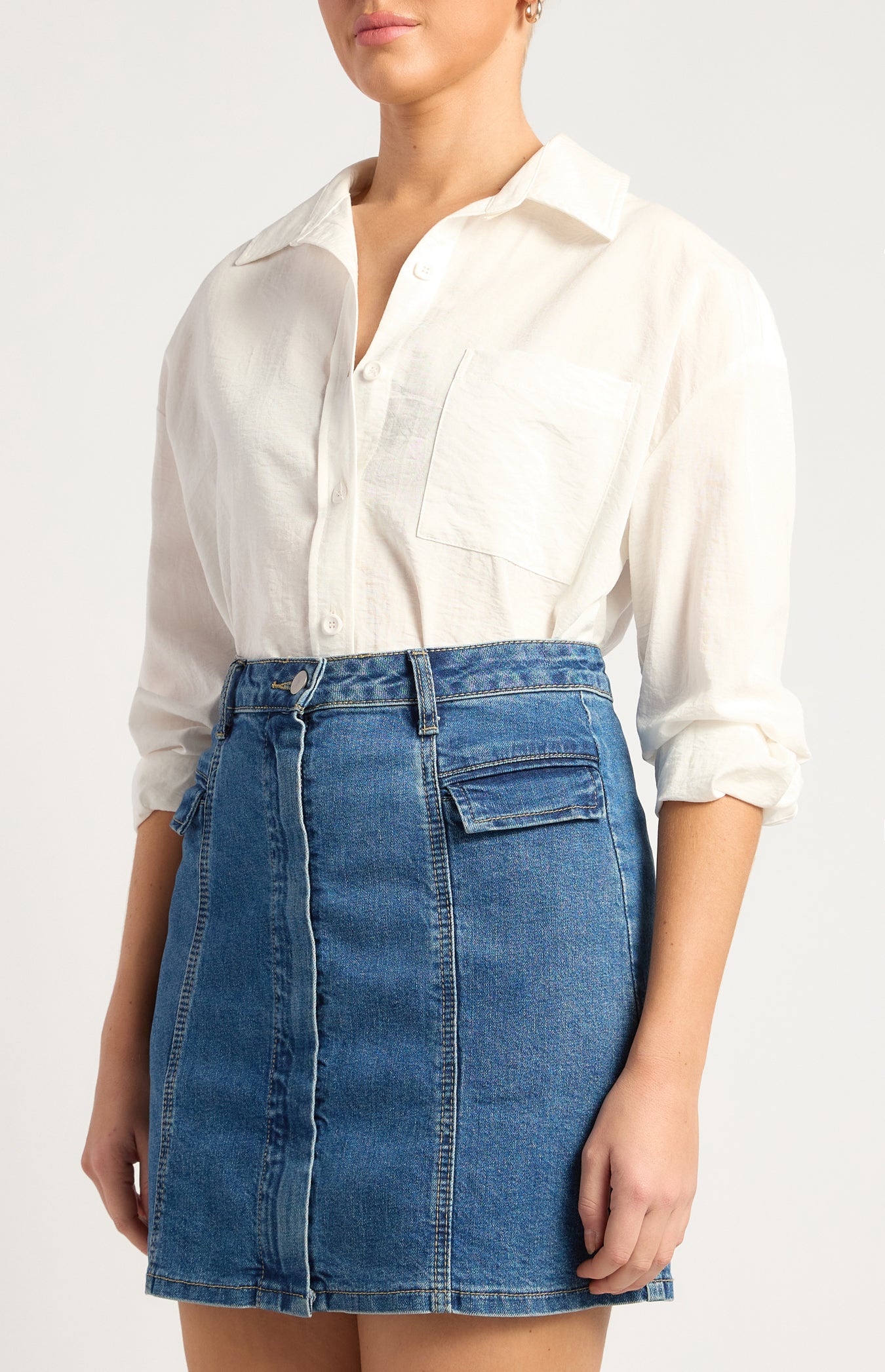 Chloe Cotton Blend Oversized Button Up Shirt With Pocket Detail