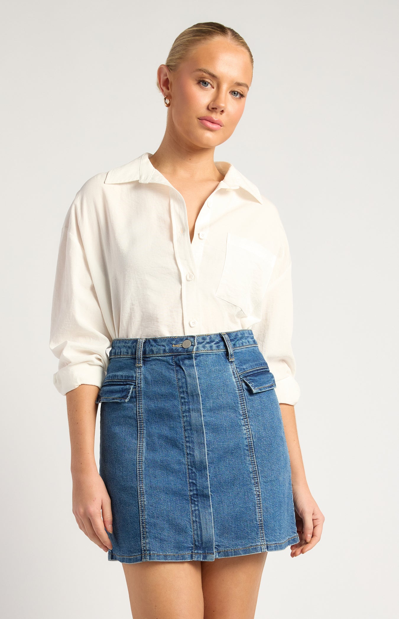 Chloe Cotton Blend Oversized Button Up Shirt With Pocket Detail