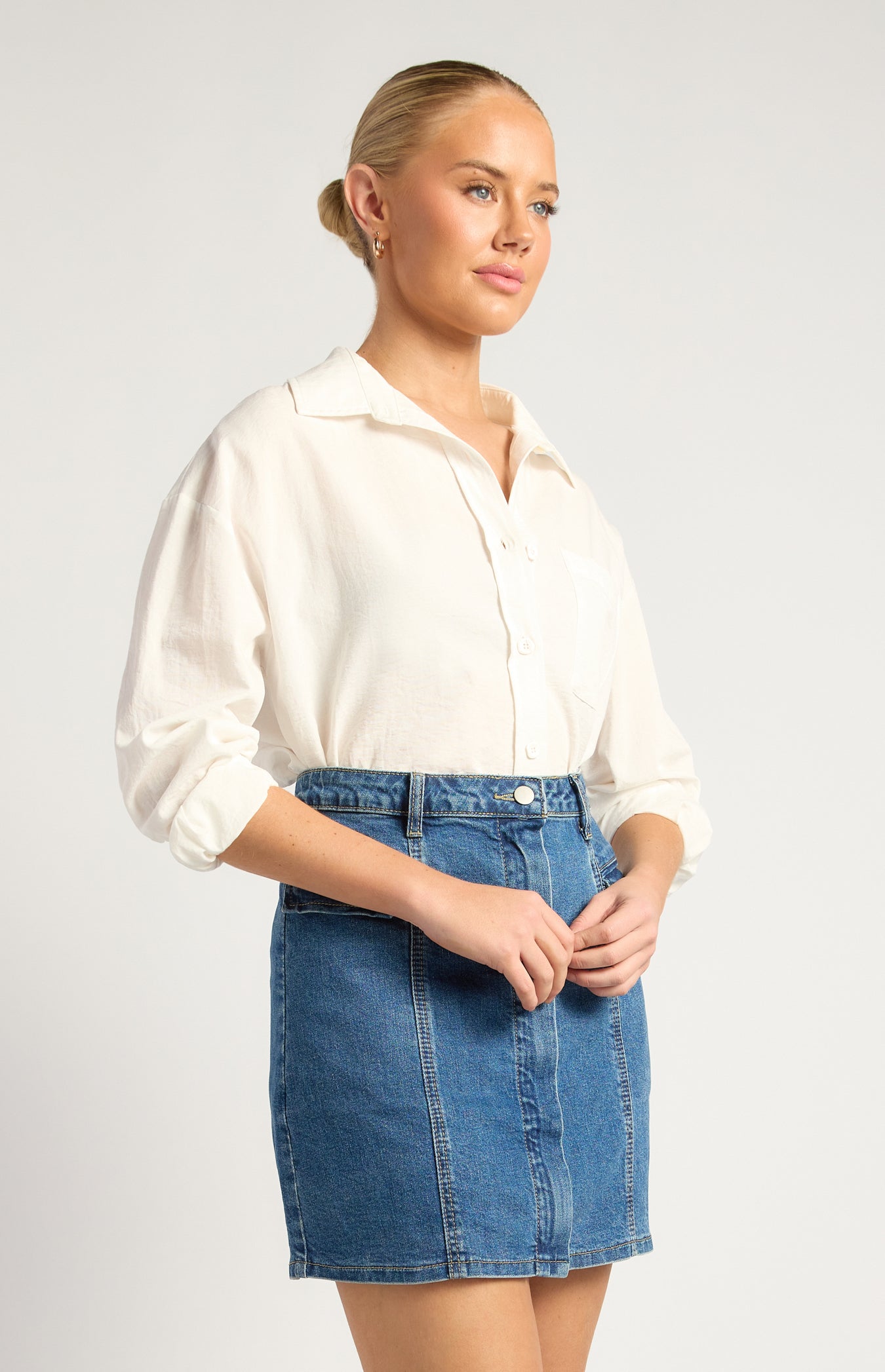 Chloe Cotton Blend Oversized Button Up Shirt With Pocket Detail