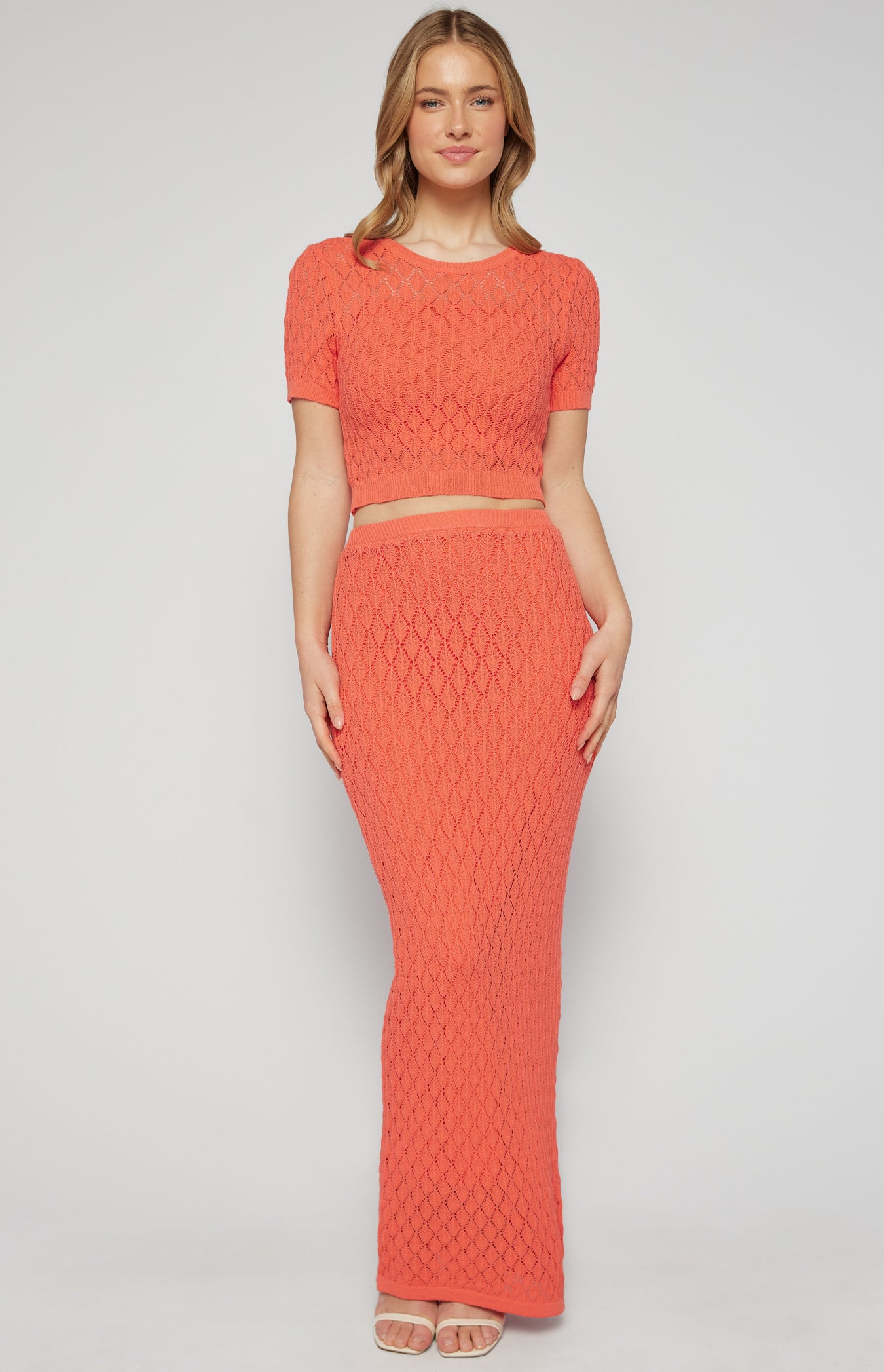 Textured Short Sleeve Knit Top and Skirt Set